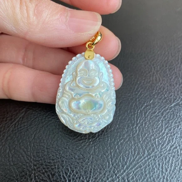 14K Solid Real Gold Carving Happy Laughing Buddha Shell Pearl Pendant